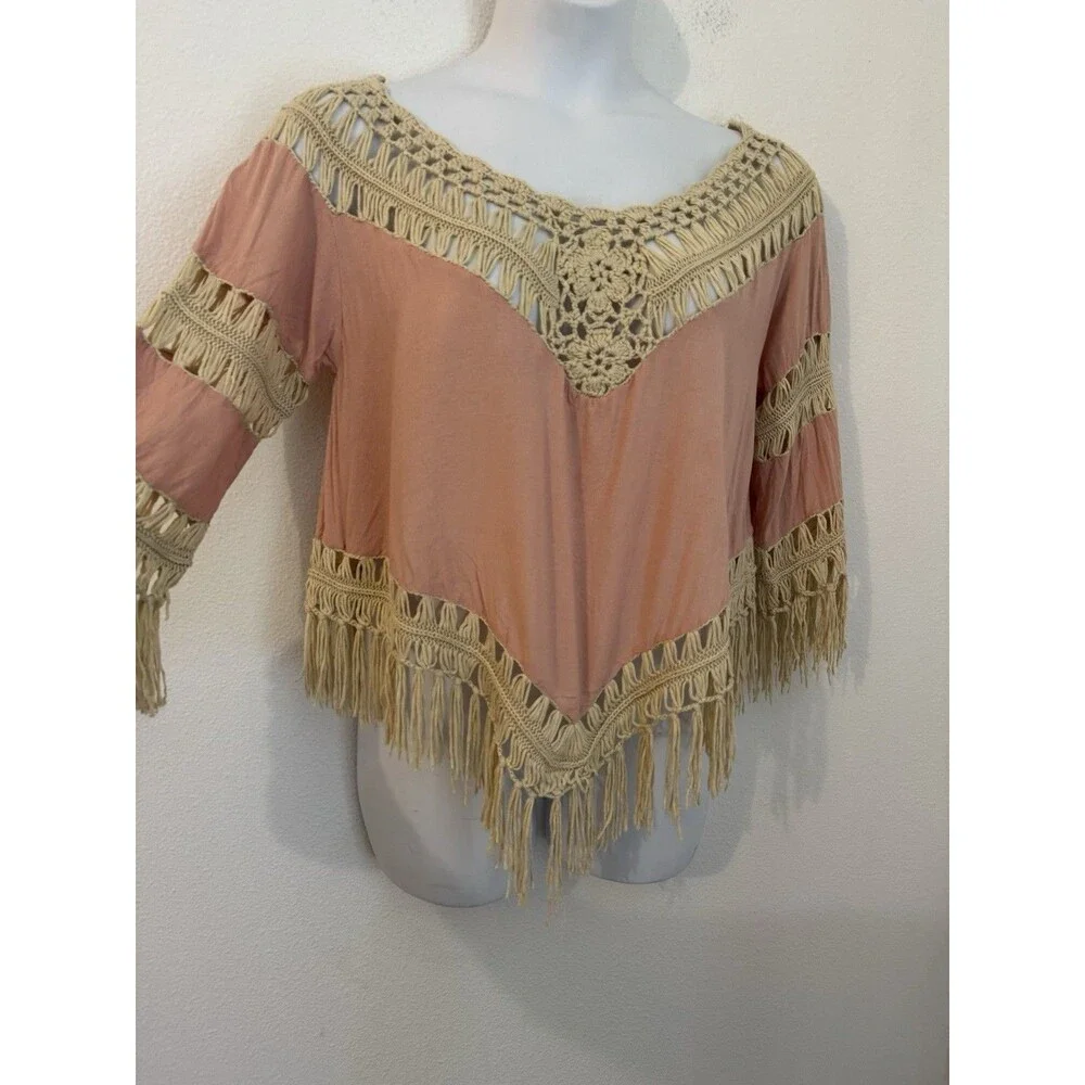 Umgee Womens BOHO Top M Pink Crochet Fringe Festival Hippie Blouse - Picture 2 of 6
